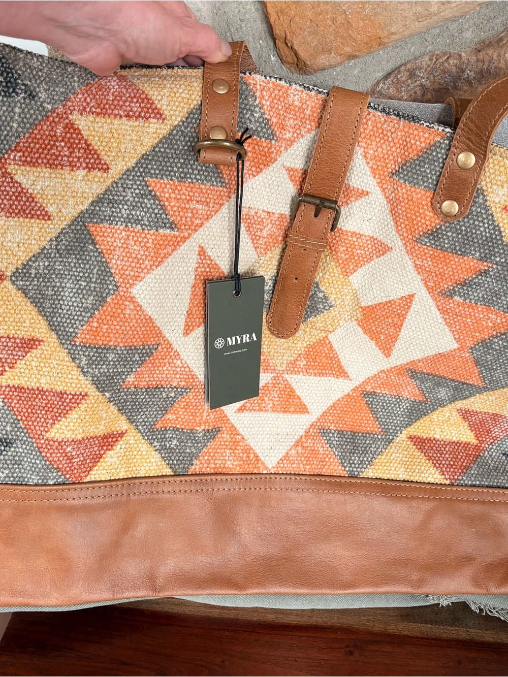 Myra Bag Orange and Gray Geometric Canvas Tote with Tan Trim